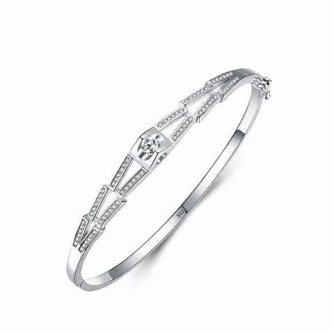 Brazalete de Corazón de Plata de Ley S925 para Mujer Pulsera de Puño Abierta Geométrica Joyería Elegante con Strass Incrustado