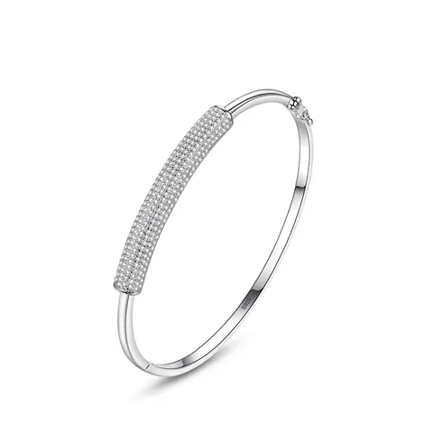 925 Sterling Silver Pave Rhinestone Bangle Bracelet For Women Minimalist Bamboo Joint Open Cuff Fashion Luxury Jewelry Gift