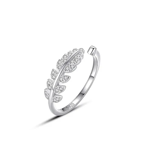 925 Sterling Silver Leaf Open Ring For Women Adjustable Mori Style Pave Rhinestone Fashion Jewelry Elegant Temperament Gift