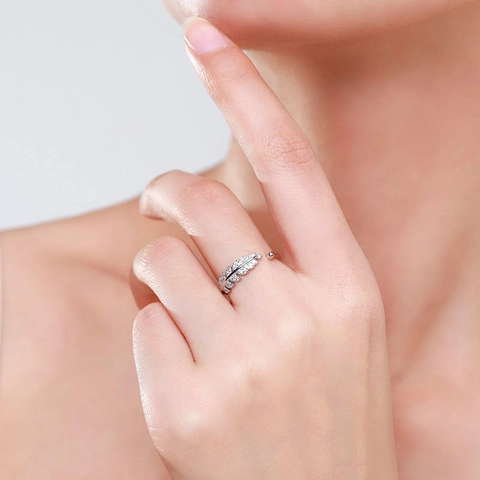 925 Sterling Silver Leaf Open Ring For Women Adjustable Mori Style Pave Rhinestone Fashion Jewelry Elegant Temperament Gift