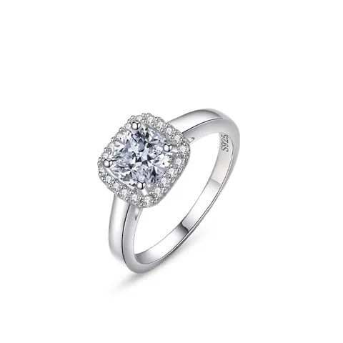 Anillo de Plata de Ley 925 para Mujer Corte de Cojín Circonia Halo Boda Compromiso Joyería de Moda Color Plata Clásico