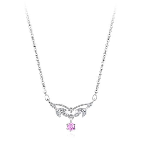 925 Sterling Silver Pendant Necklace For Women Pink Zirconia Leaf Wings Water Drop Clavicle Chain Korean Style Jewelry