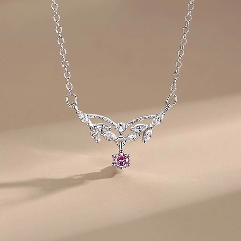 925 Sterling Silver Pendant Necklace For Women Pink Zirconia Leaf Wings Water Drop Clavicle Chain Korean Style Jewelry