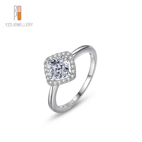 Luxury 925 Sterling Silver Square Halo Ring For Women Elegant Cushion Cut Rhinestone Wedding Engagement Finger Jewelry Fashion Gift
