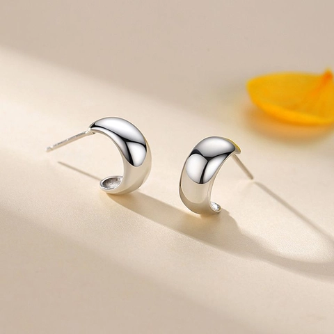 Minimalist 925 Sterling Silver Smooth C-Shaped Stud Earrings For Women Highly Polished Geometric Hoop Earrings Fine Jewelry