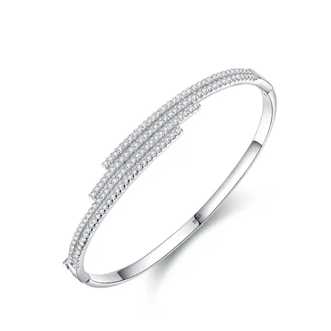925 Sterling Zilveren Armring Voor Dames Strass Geometrische Lijn Open Manchet Armband Witgoud Verguld Luxe Sieraden