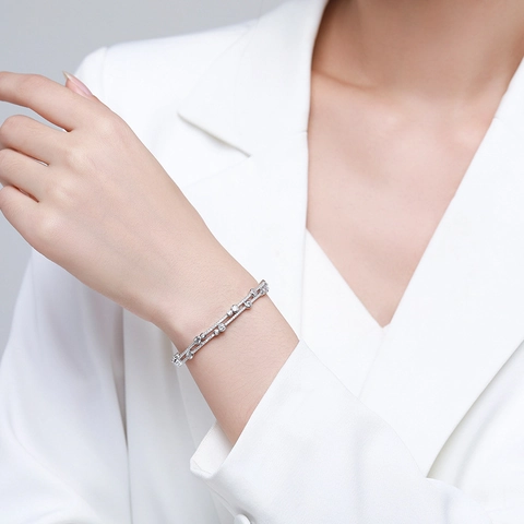 925 Sterling Silver Asymmetric Zirconia Bangle For Women Double Layer Shine Rhinestone Open Bracelet Fashion Jewelry Gift