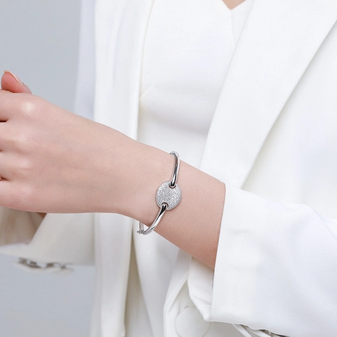 Brazalete de Plata de Ley 925 para Mujer con Disco Redondo Incrustado de Diamantes de Imitación Joyería de Moda Regalo