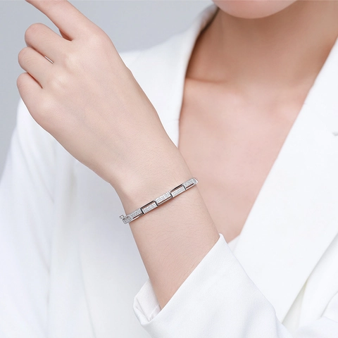 Bracciale in Argento Sterling S925 per Donna Minimalista Lusso Strass Geometrico Intarsiato Braccialetto Elegante Gioielli