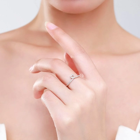 925 Sterling Silver Heart Ring For Women Minimalist Micro Inlaid Zirconia V Shaped Adjustable Finger Ring Korean Style Jewelry Gift