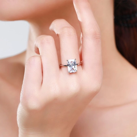 Elegant 925 Sterling Silver Rectangular Zirconia Ring Four-Prong Radiant Cut Solitaire Wedding Ring For Women Jewelry