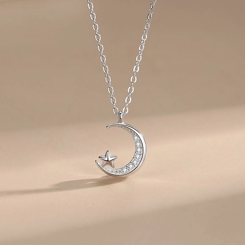 S925 Sterling Silver Star Moon Pendant Necklace For Women Sparkling Zirconia Moon Star Link Chain Choker Jewelry Gift