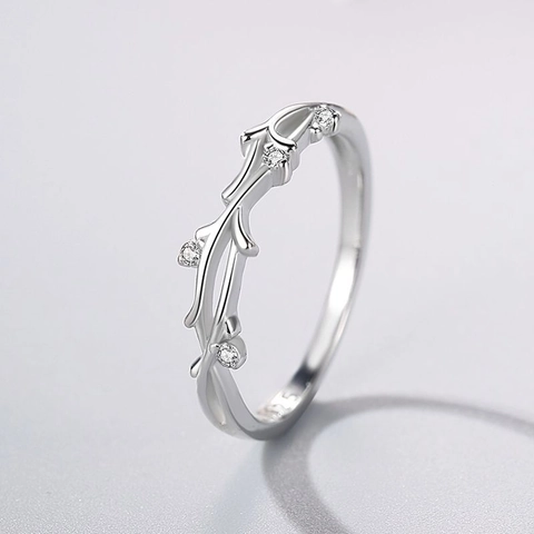 S925 Sterling Silver Leaf Branch Ring For Women Minimalist Micro Inlaid Rhinestone Botanical Adjustable Index Finger Ring Jewelry