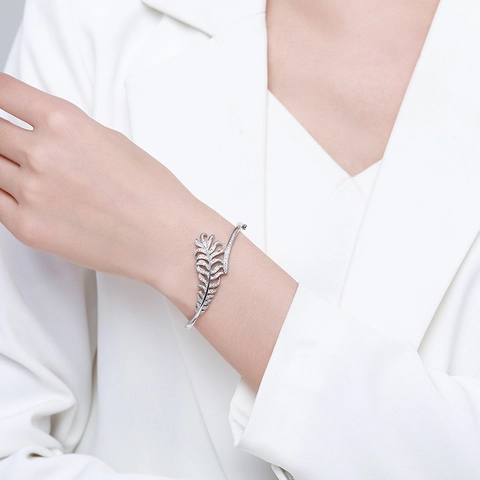 925 Sterlingsilber Feder Blatt Armreif Für Damen Strass Besetzt Verstellbare Elegante Manschette Schmuck Geschenk