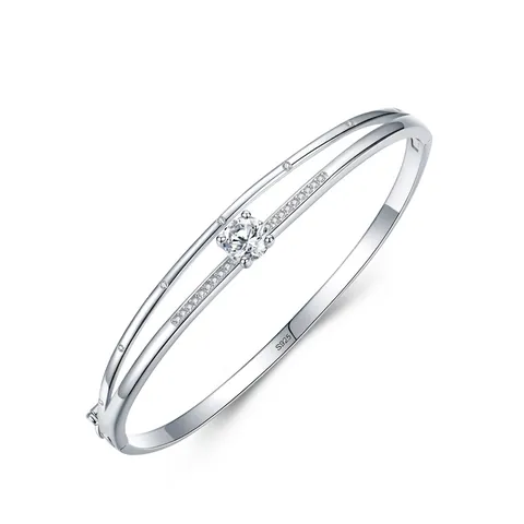 Brazalete de Plata de Ley S925 de Doble Capa con Diamante de Imitación Redondo Pulsera Minimalista Abierta para Mujer Joyas