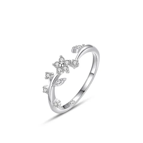 Anillo de Flor de Plata de Ley 925 para Mujer Exquisito Minimalista Ajustable Circonia Hoja Rama Anillo de Dedo Joyería Regalo