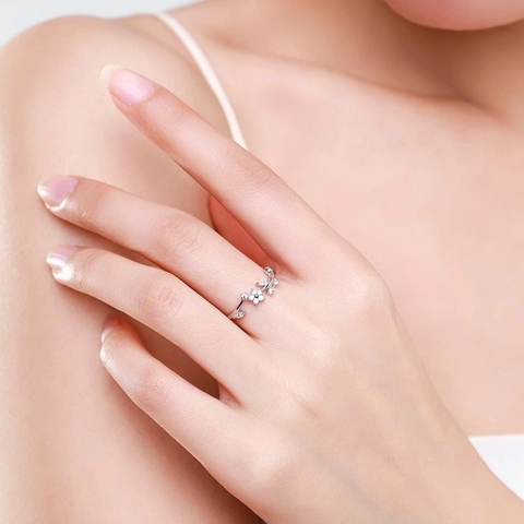Anillo de Flor de Plata de Ley 925 para Mujer Exquisito Minimalista Ajustable Circonia Hoja Rama Anillo de Dedo Joyería Regalo