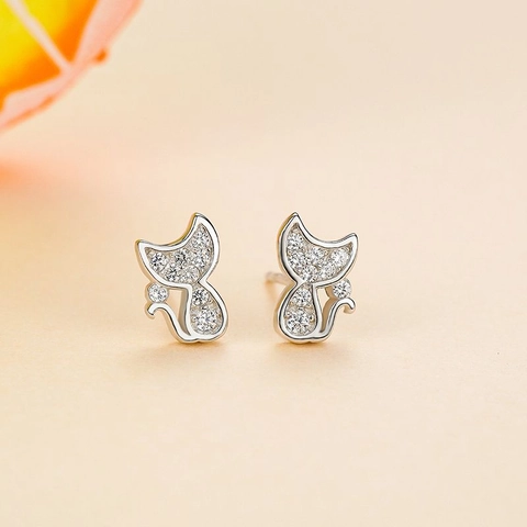 Boucles d'Oreilles Clous Chat en Argent Sterling 925 pour Femmes Animal Mignon Zirconia Incrusté Bijoux Cadeau Petite Amie