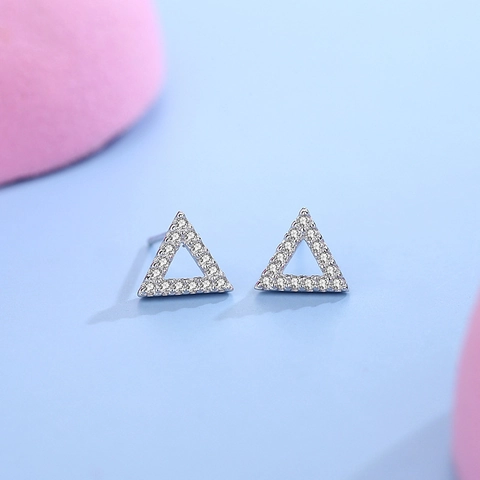 Minimalist 925 Sterling Silver Triangle Stud Earrings For Women Pave Rhinestone Geometric Hollow Ear Jewelry Gift