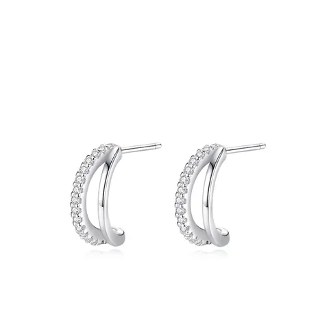 Pendientes de Botón en Forma de C de Plata de Ley 925 para Mujer Doble Capa Micro Incrustaciones de Strass Joyería Minimalista Plata