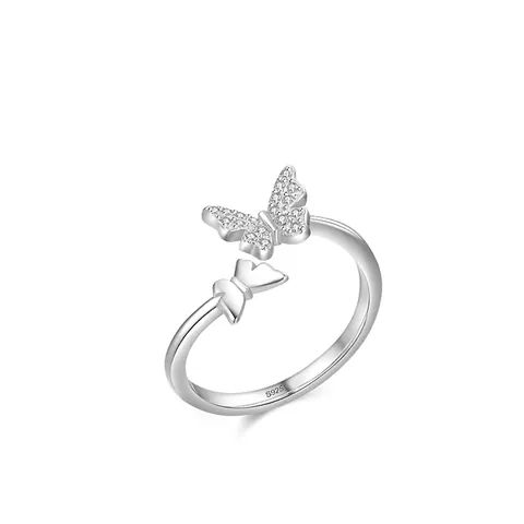 Anillo Abierto de Mariposa de Plata de Ley S925 Para Mujer Elegante Anillo de Dedo Ajustable de Doble Mariposa con Strass