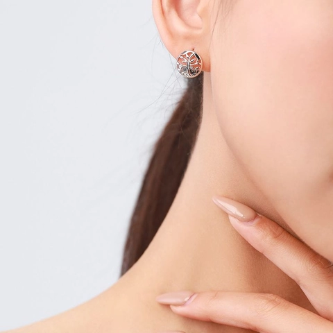 925 Sterling Zilver Levensboom Oorknopjes Voor Vrouwen Sierlijk Micro Ingelegd Zirconia Rond Hol Tak Blad Oorsieraden