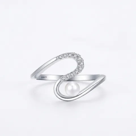 Elegant 925 Sterling Silver S-Shaped Wave Ring For Women With Artificial Pearl And Pave Rhinestone Finger Jewelry Gift