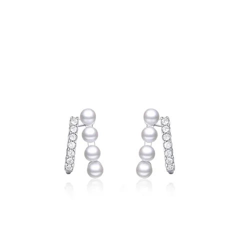 925 Sterling Silver Artificial Pearl Zirconia Stud Earrings Elegant Geometric Linear Jewelry For Women Daily Accessory