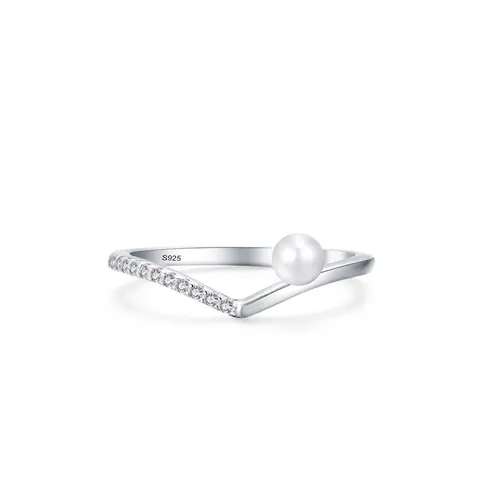 Anillo de Plata de Ley 925 en Forma de V para Mujer Minimalista con Perla Artificial y Strass Anello Cerrado Joyería