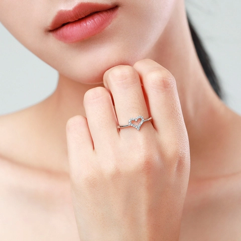 925 Sterling Silver Heart Ring For Women Elegant Zirconia Inlaid Hollow Heart Shaped Open Adjustable Finger Ring Luxury Jewelry Gift