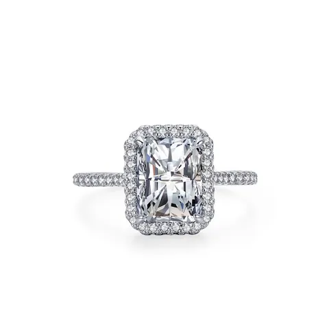 Lujoso Anillo Halo de Plata de Ley 925 Circonia para Mujer Corte Radiant Rectangular Anillo de Compromiso Joyería de Moda