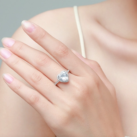 Luxury 925 Sterling Silver Heart Shaped Zirconia Halo Ring For Women Engagement Wedding Anniversary Romantic Finger Jewelry