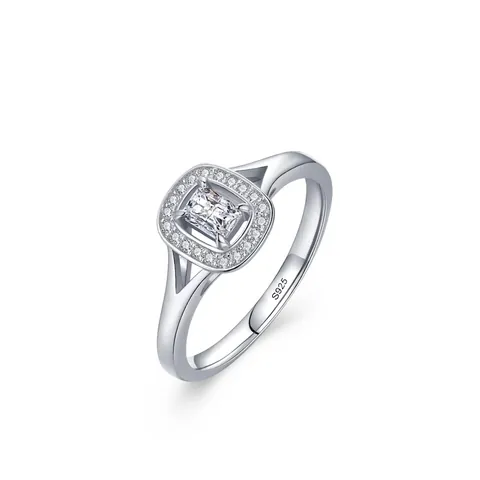 Elegante Anillo de Plata de Ley 925 Circonia Corte Esmeralda Piedra Cuadrada Halo Brazo Dividido Joyería de Moda Mujer