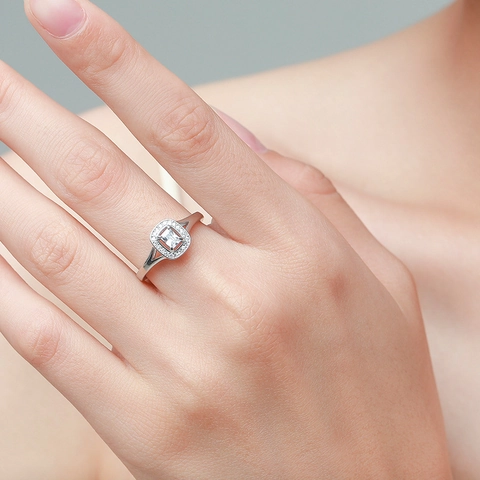 Elegante Anillo de Plata de Ley 925 Circonia Corte Esmeralda Piedra Cuadrada Halo Brazo Dividido Joyería de Moda Mujer