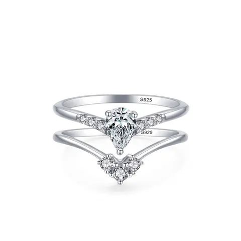 S925 Sterling Silver Pear Cut Zirconia Double Ring Combination Women Engagement Proposal Crown Shape Fashion Finger Ring Jewelry