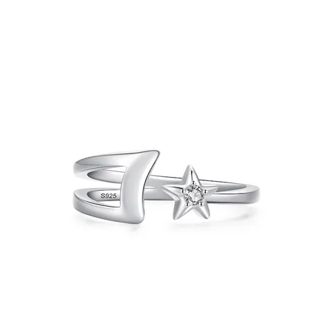 S925 Sterling Silver Star And Moon Open Ring For Women Adjustable Zirconia Inlaid Elegant Minimalist Finger Jewelry Gift