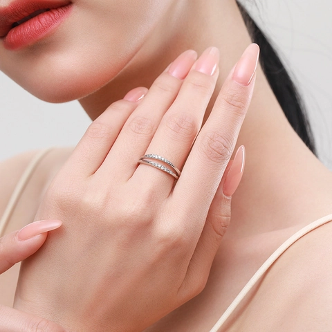 925 Sterling Silver Double Layer Geometric Ring For Women Minimalist Micro Inlaid Zirconia Fashion Jewelry Valentine Day Gift