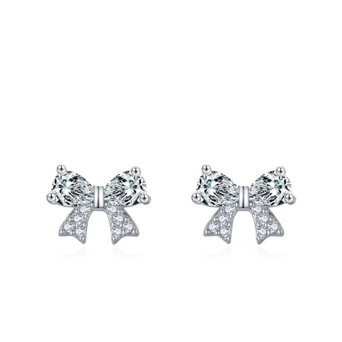 925 Sterling Zilver Strik Oorknopjes Glanzende Zirconia Ingelegde Strik Oorbellen Voor Dames Zoet Temperament Sieraden Cadeau