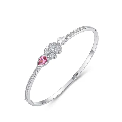 Lussuoso Bracciale Quadrifoglio in Argento Sterling 925 per Donna Con Pietra Rosa Pave di Strass Gioielli Regolabili