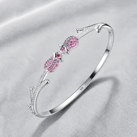 Brazalete de Plata de Ley 925 con Flor de Rosa y Tulipán para Mujer Incrustaciones de Diamantes de Imitación Rosa Joyería Floral
