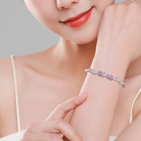 Brazalete de Plata de Ley 925 con Flor de Rosa y Tulipán para Mujer Incrustaciones de Diamantes de Imitación Rosa Joyería Floral