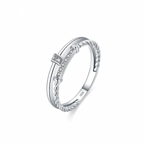 Authentischer 925 Sterlingsilber Doppellagiger Geometrischer Ring Für Damen Minimalistischer Twist Pave Zirkonia Fingerring Pendeln Modeschmuck