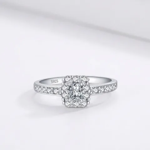 Lussuoso Anello in Argento Sterling 925 con Zirconia Taglio Radiante Elegante Anello da Fidanzamento e Matrimonio Pavé Halo Donna