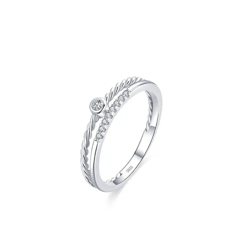 Anello in Argento Sterling 925 a Doppio Strato con Corda Intrecciata per Donna Intarsiato con Strass Geometrico