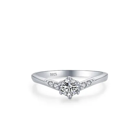 925 Sterling Silver Ring For Women Elegant Six-Prong Round Zirconia Engagement Wedding Ring V-Shaped Band Jewelry Gift