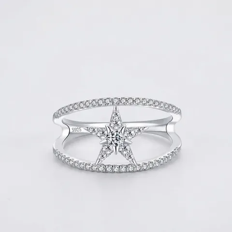 Anello Stella a Doppio Strato in Argento Sterling 925 Donna Placcato Oro Bianco Zirconia Pave Gioielli di Moda Regalo