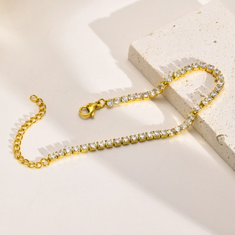 Bracelet de Tennis en Acier Inoxydable avec Zirconia pour Femme Couleur Or Argent Pierre Ronde Incrustée Bijoux Mode