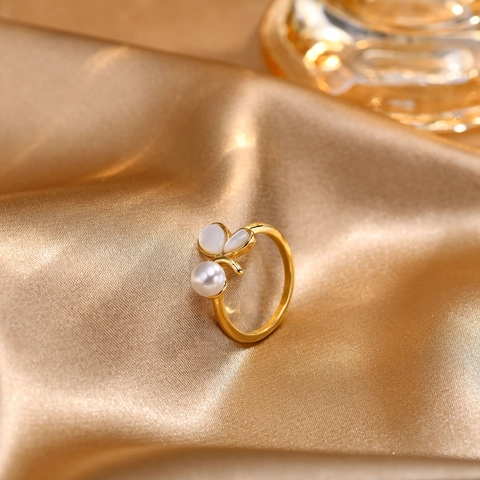 Elegant Copper Gold Open Ring With Artificial Pearl And White Shell Butterfly Shell Shaped Adjustable Finger Ring For Women Fashion Jewelry