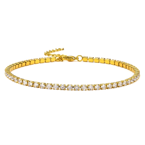 Bracelet de Tennis en Acier Inoxydable avec Zirconia pour Femme Couleur Or Argent Pierre Ronde Incrustée Bijoux Mode
