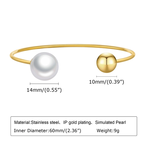 Brazalete Abierto de Acero Inoxidable Minimalista para Mujer Elegante Perla Artificial y Joyería de Cuentas Pulidas de Oro